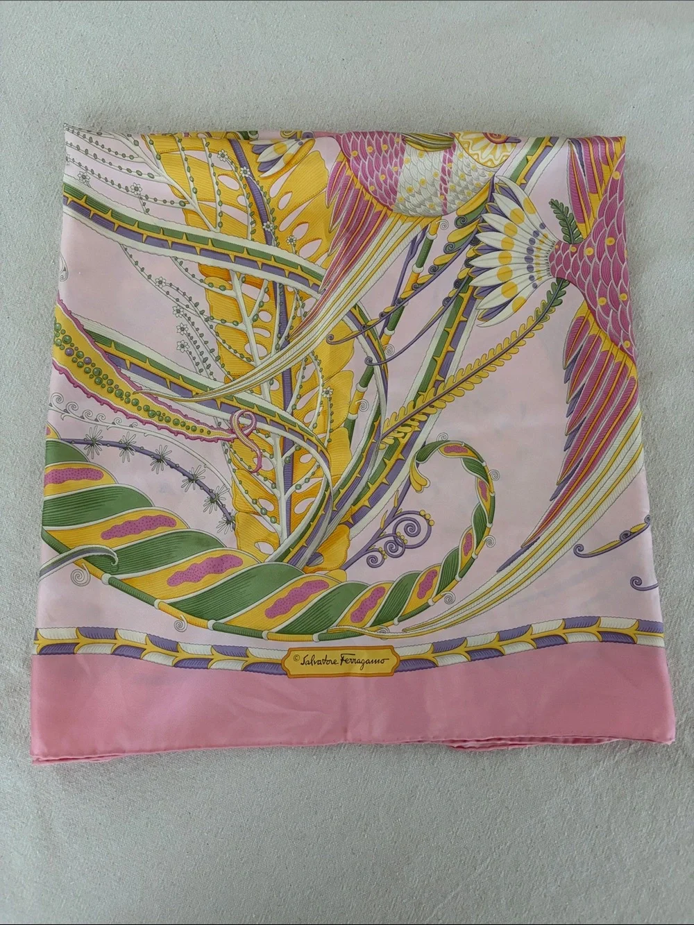 Salvatore Ferragamo Pink, Yellow & Green Silk Scarf